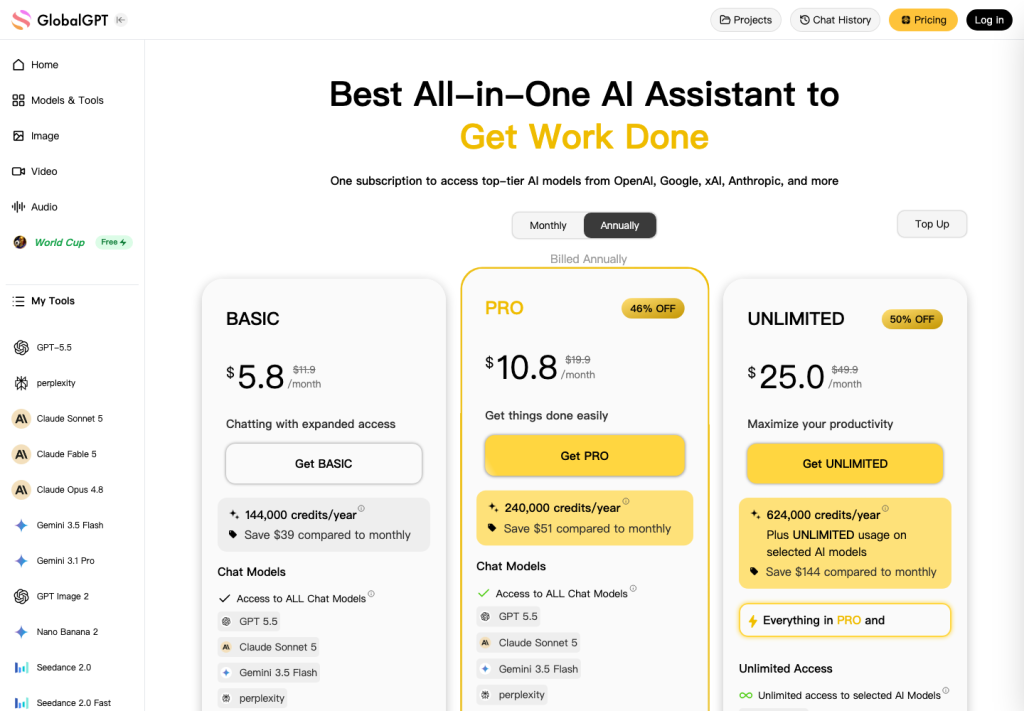 GlobalGPT's public pricing page lists yearly-plan options with Basic, Pro, and Unlimited tiers.