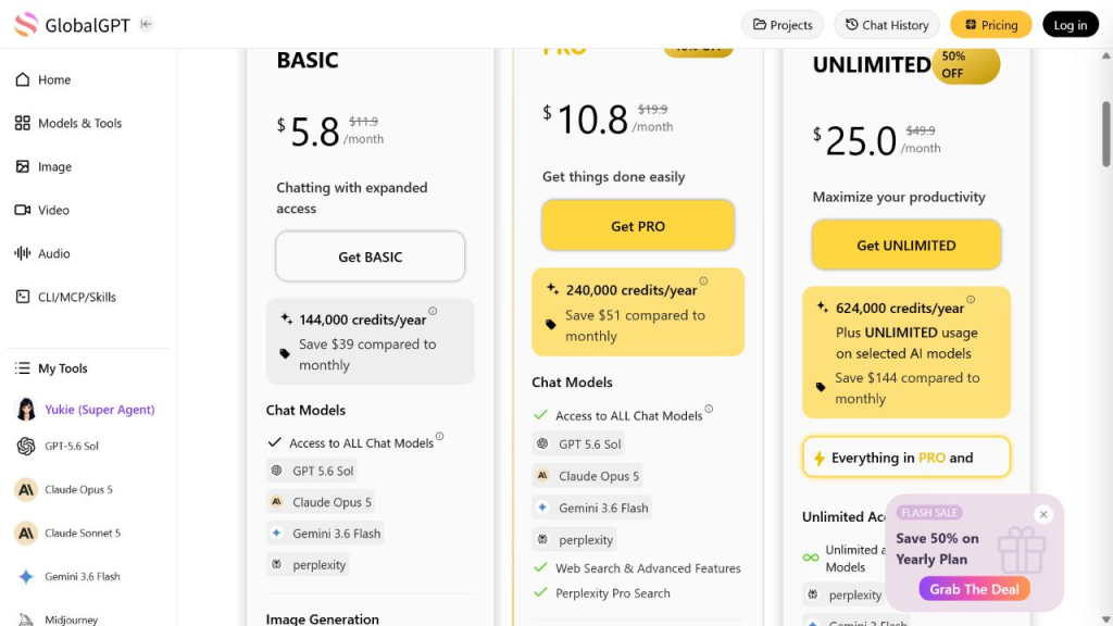 GlobalGPT pricing page showing yearly prices and a save 50 percent yearly plan message