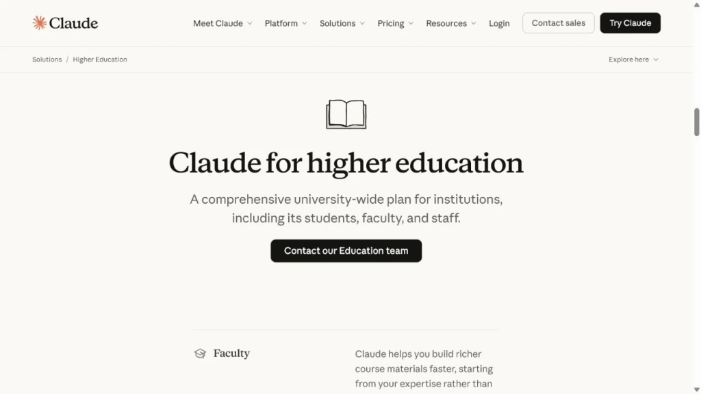 Página do Claude para o Ensino Superior que descreve um plano para toda a universidade destinado a alunos, professores e funcionários