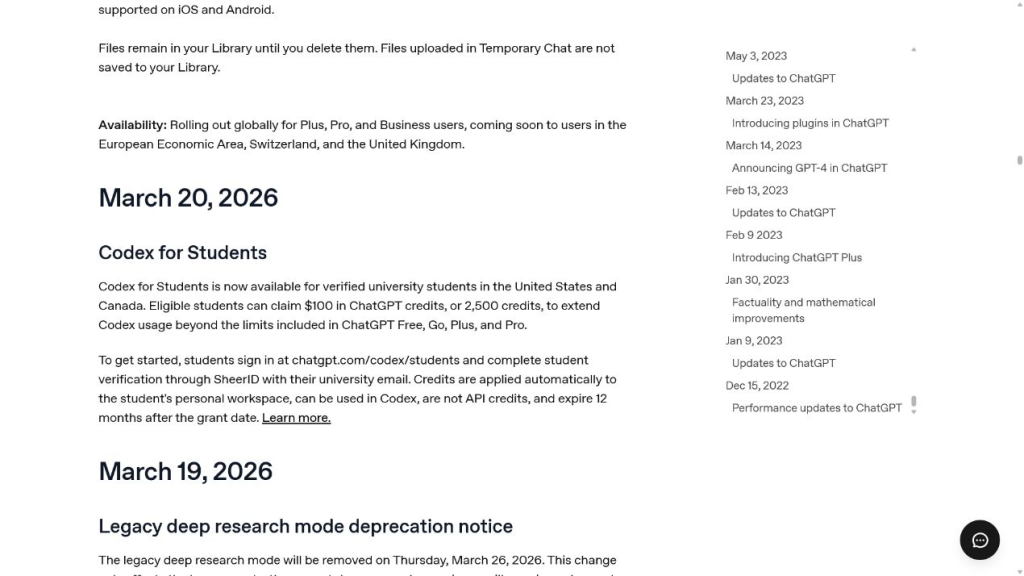OpenAI release notes describing Codex credits for verified university students