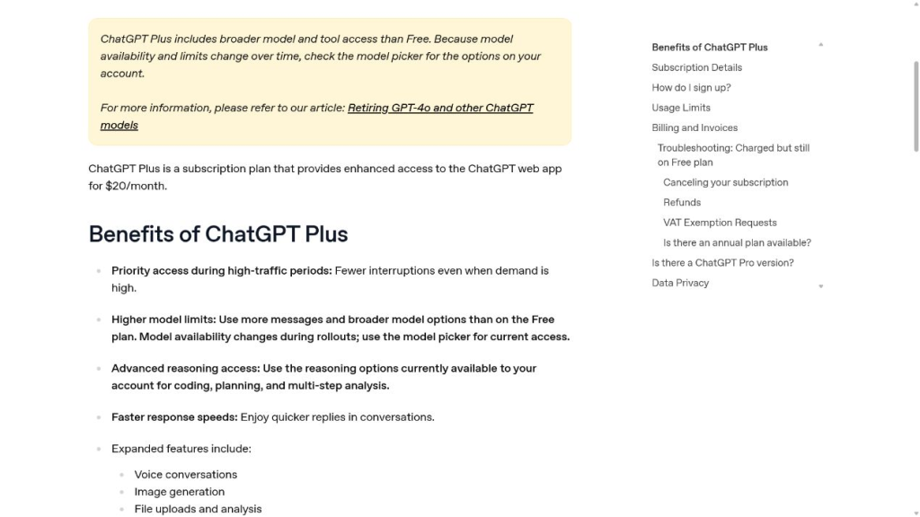 OpenAI Help Center showing ChatGPT Plus at 20 dollars per month