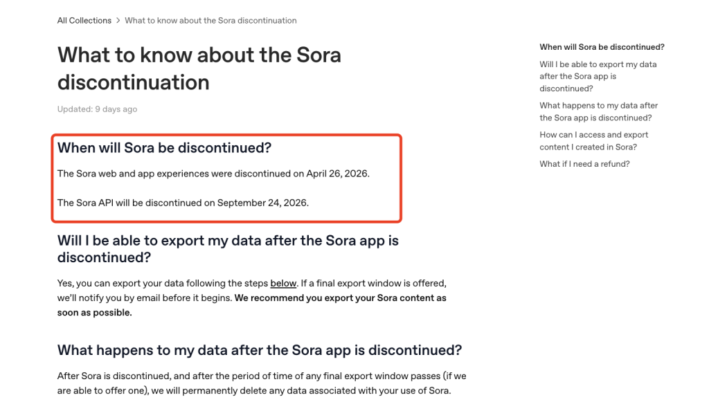 Pagina del Centro assistenza di OpenAI in cui si comunica che il servizio web e l'app Sora saranno dismessi il 26 aprile 2026 e che l'API Sora cesserà di essere disponibile il 24 settembre 2026