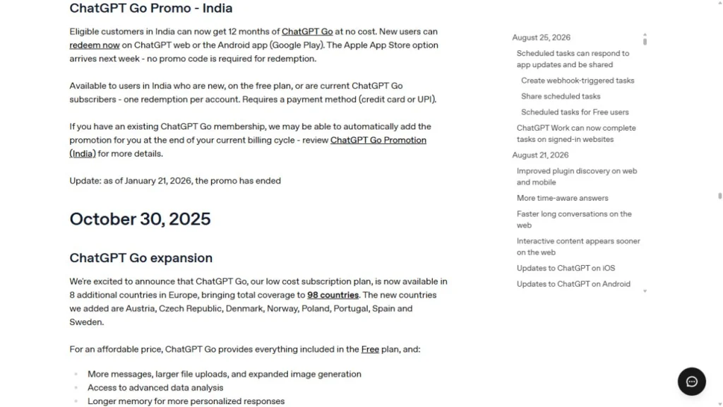 OpenAI 版本说明显示，为期 12 个月的 ChatGPT “Go India” 促销活动已于 2026 年 1 月 21 日结束