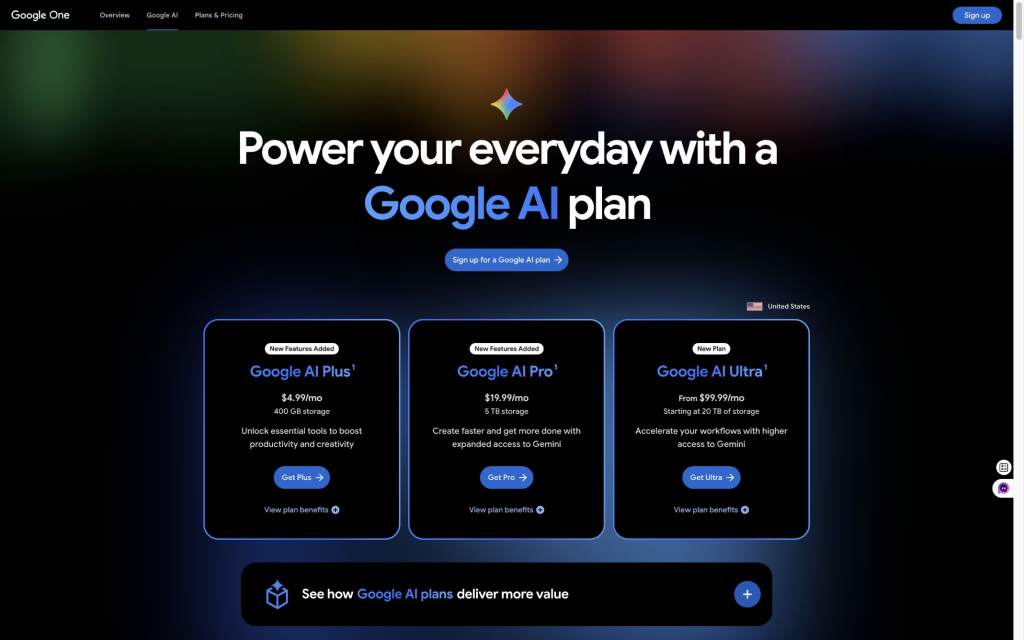 The US Google AI plans page showed Plus at $4.99/month, Pro at $19.99/month, and Ultra from $99.99/month, checked August 5, 2026. Regional availability and included features vary.