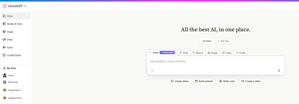 GlobalGPT Home workspace with chat search image video and audio tabs