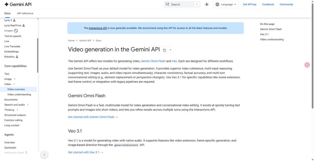 Google AI for Developers page about video generation with Gemini Omni Flash and Veo