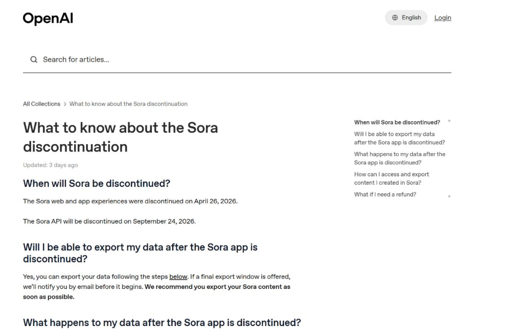 OpenAI separates the Sora web/app discontinuation date from the later Sora API shutdown date.