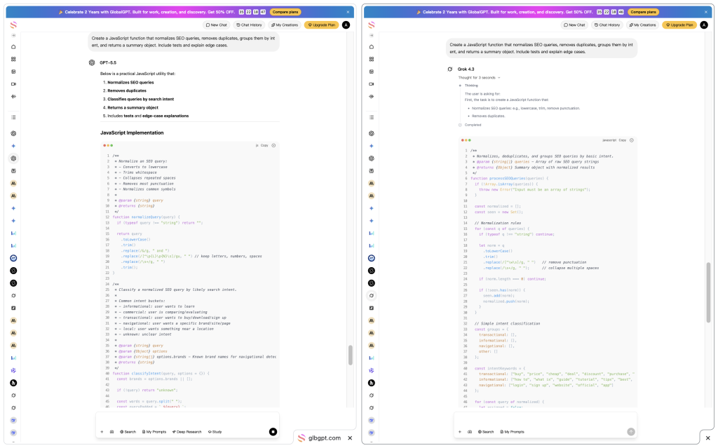Real test: both models were asked for the same JavaScript utility, including grouping logic, sorting, edge-case handling, and a short explanation.