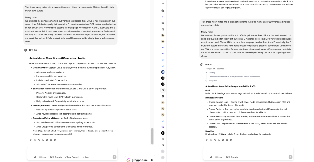 Real test: both models were asked to turn the same unstructured SEO planning notes into a concise action memo.