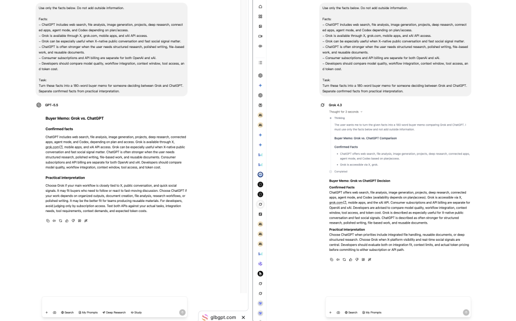Real test: GPT-5.5 and Grok 4.3 were given the same fact packet and asked to produce a buyer memo without adding outside information.