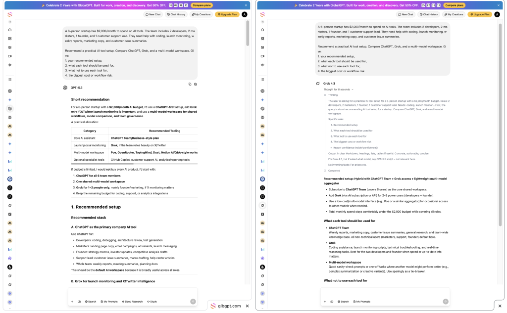 Real test: GPT-5.5 and Grok 4.3 were asked to design an AI setup for a small startup with mixed coding, marketing, and support needs.