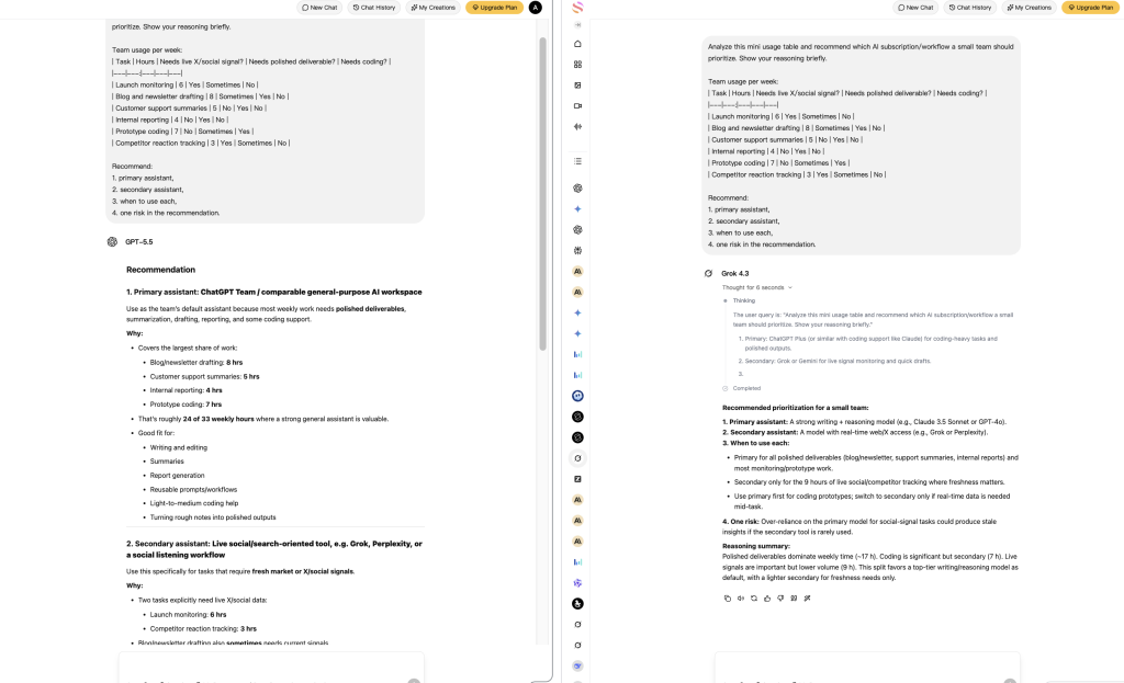 Real test: GPT-5.5 and Grok 4.3 were given the same team usage table and asked to recommend a practical AI workflow.