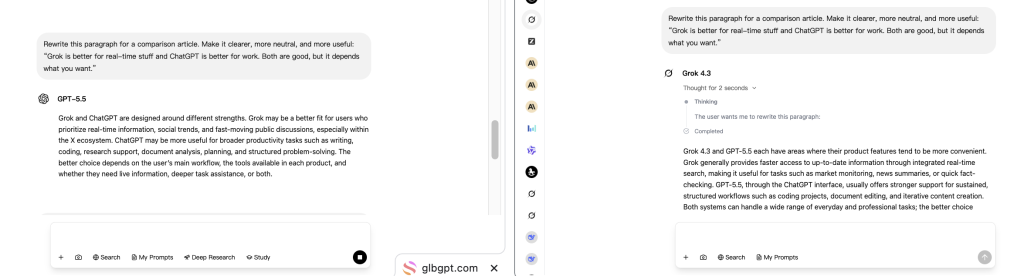 Real test: GPT-5.5 and Grok 4.3 were given the same rough paragraph and asked to turn it into a polished business introduction.