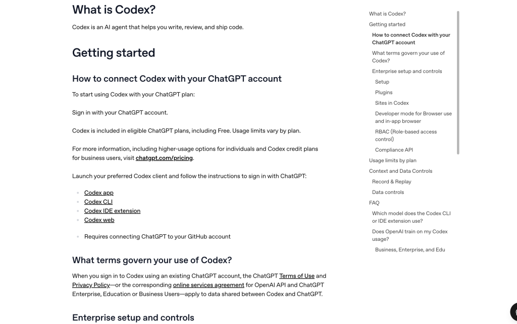 Official OpenAI Codex screenshot showing Codex coding workflow access