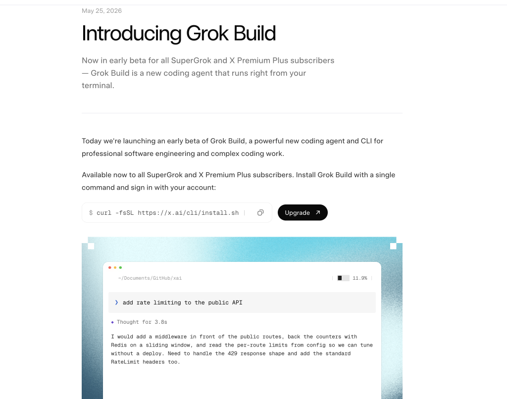 Official xAI Grok Build CLI introduction screenshot