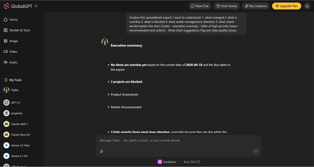 AI workflow summarizing spreadsheet export into executive summary and risk table