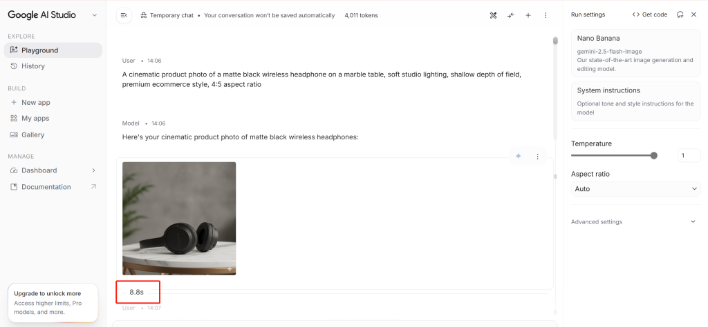 Nano Banana generated a product-style headphone image in 8.8s.