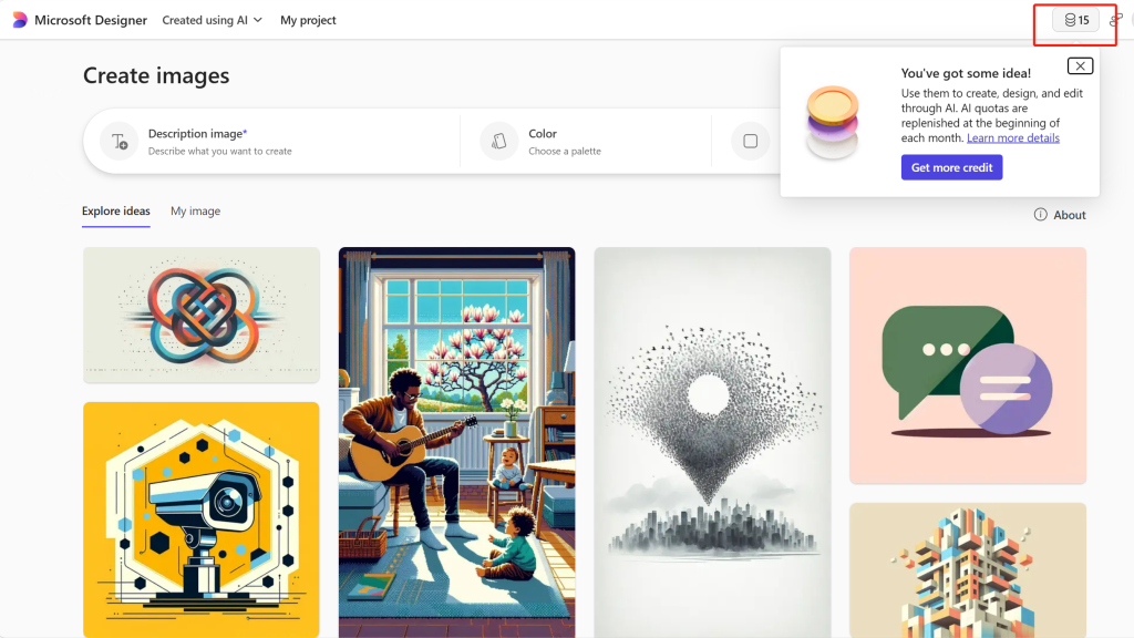 Microsoft Designer provides 15 credits for free to create iamges