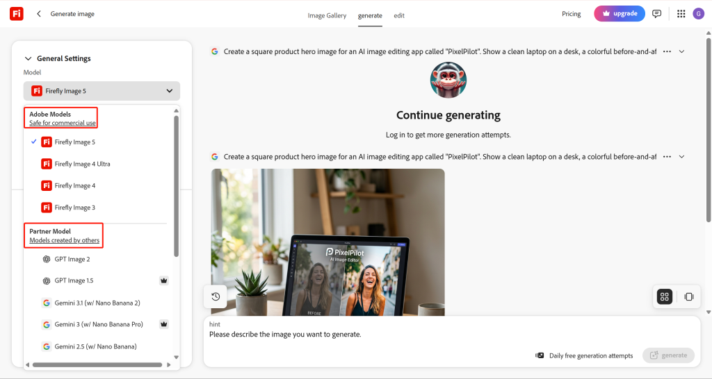 choose mutiple models in Adobe Firefly