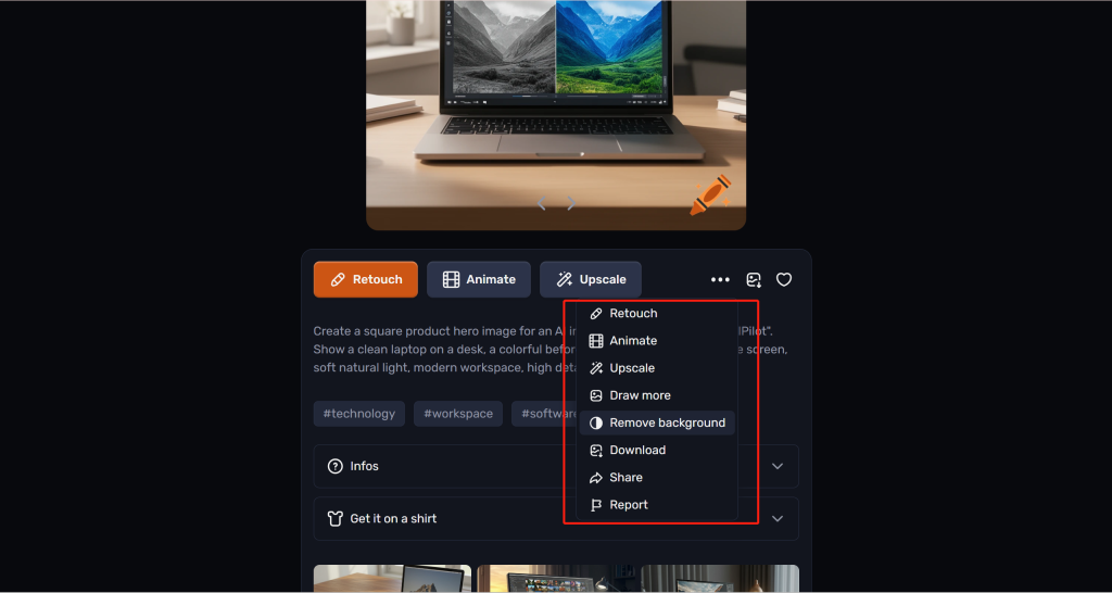 Craiyon image action menu showing retouch, upscale, remove background, and download