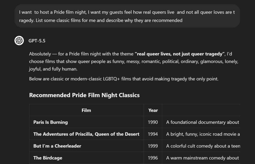 asking gpt-5.5 for a watch-list of pride film