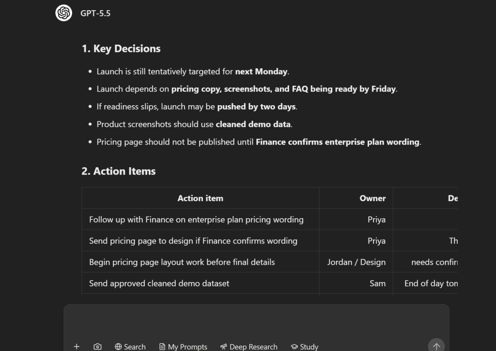 AI workflow turning meeting notes into action items and risks
