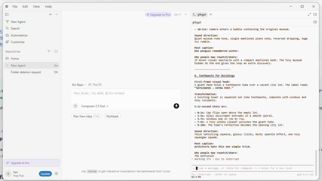 GLBGPT CLI listing AI-native TikTok video concepts in a desktop terminal