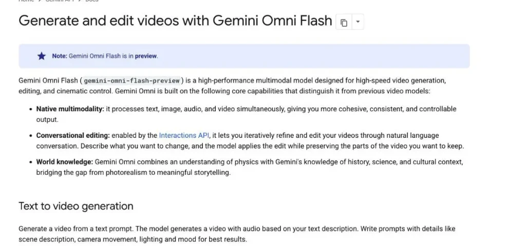 Google lists Gemini Omni Flash under the model ID gemini-omni-flash-preview.