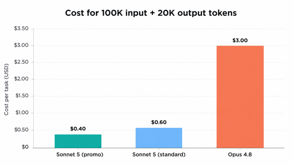 Bar chart comparing per-task cost for a 100K-input, 20K-output token workload: Sonnet 5 promo pricing at $0.40 per task, standard pricing at $0.60, Opus 4.8 at $3.00 per task.