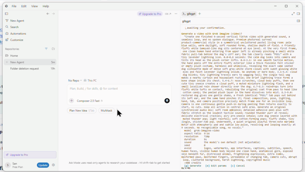 GLBGPT CLI preparing a vertical Grok Imagine Video request for an AI-generated TikTok short