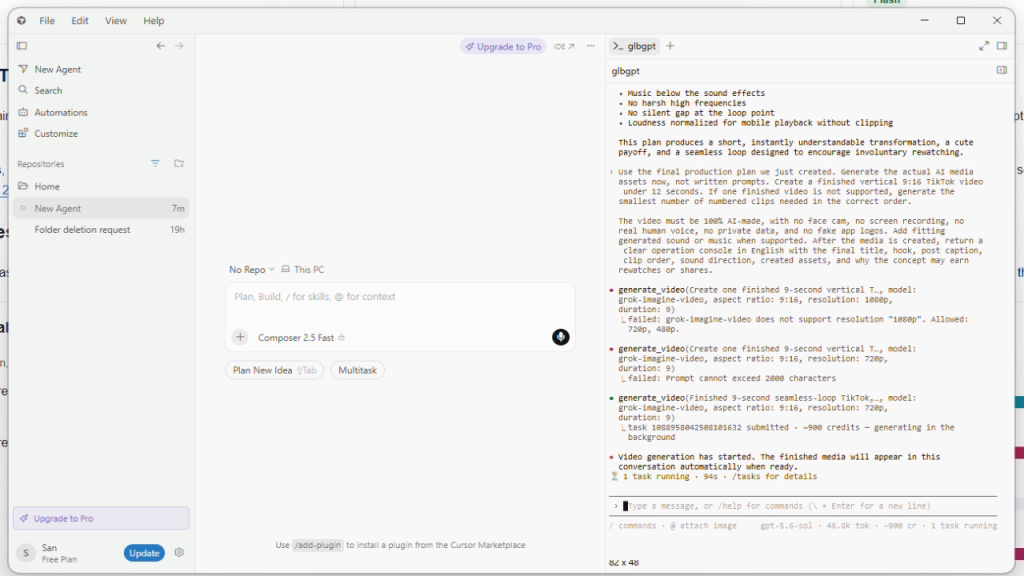 GLBGPT CLI showing a successful supported video task after an unsupported resolution retry