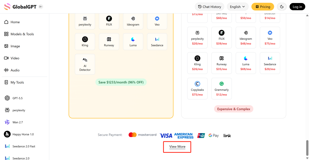 The pricing view gives more detail on how different models use credits.