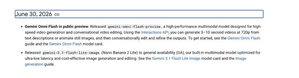 Google's release notes specify 3-10 second video generation at 720p through the Interactions API.