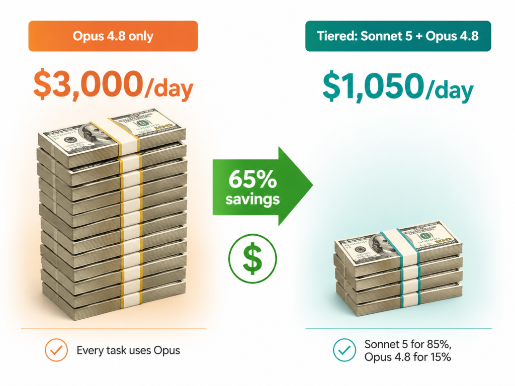 Side-by-side visualization of daily compute cost: Opus-only strategy costs $3,000 per day, while a tiered Sonnet 5 (85%) plus Opus 4.8 (15%) strategy costs $1,050 per day — a 65% cost reduction.