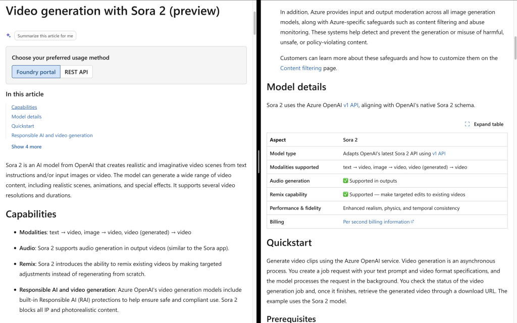 Microsoft Learn Sora 2 API documentation