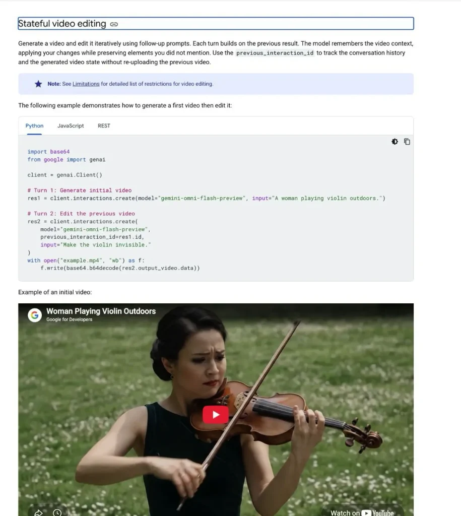 The Interactions API can preserve video context while applying follow-up edits.