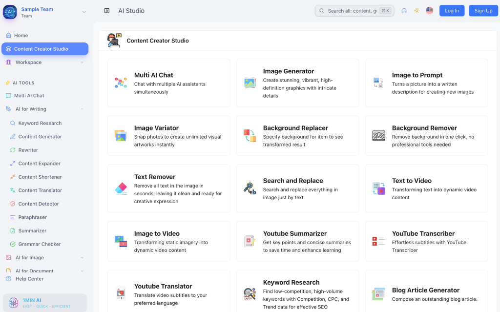 1min.AI lets users start from task modules instead of choosing each separate AI service.