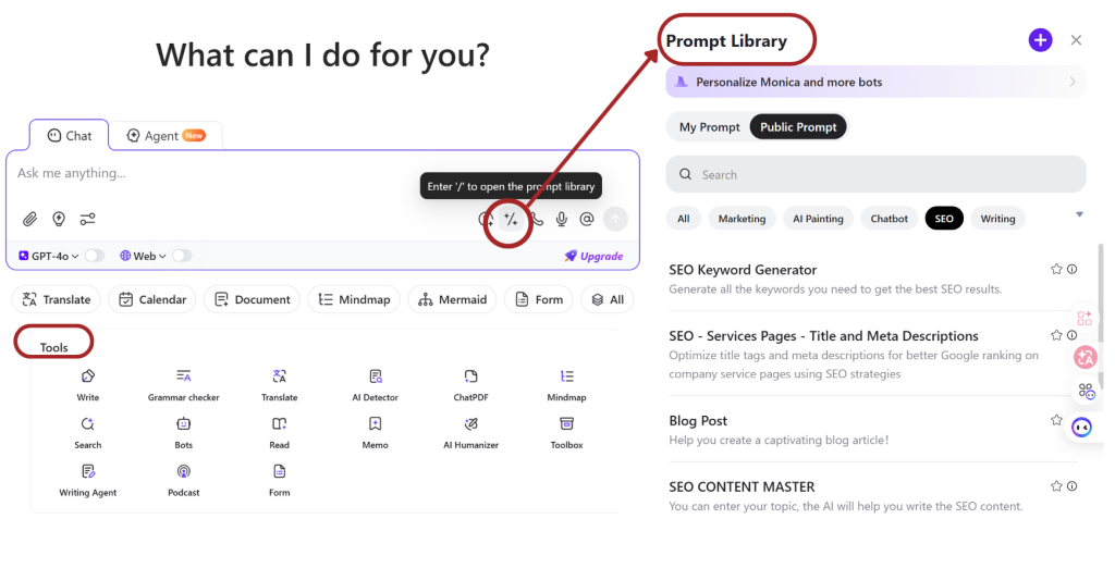 Monica includes a prompt library for writing, research, productivity, and model workflows.