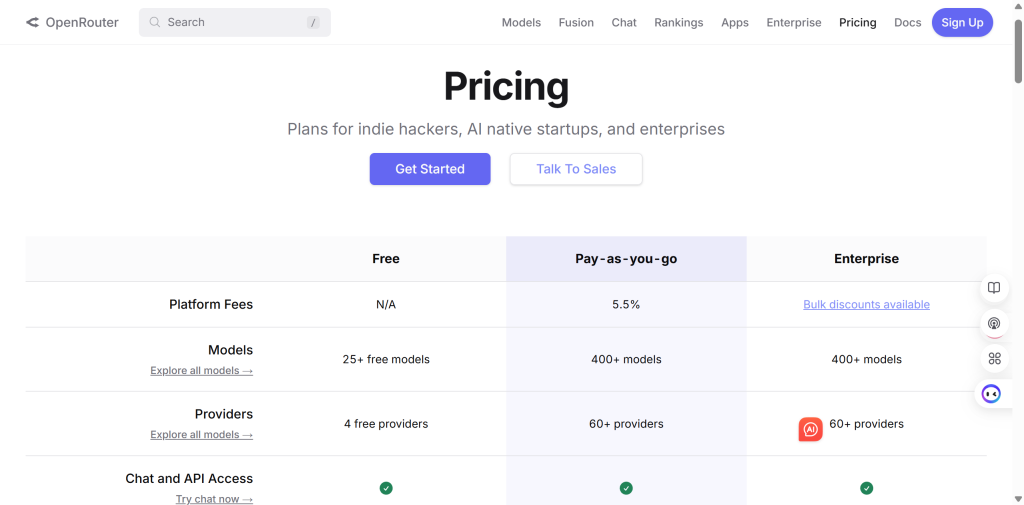 OpenRouter lists input and output token prices for models.