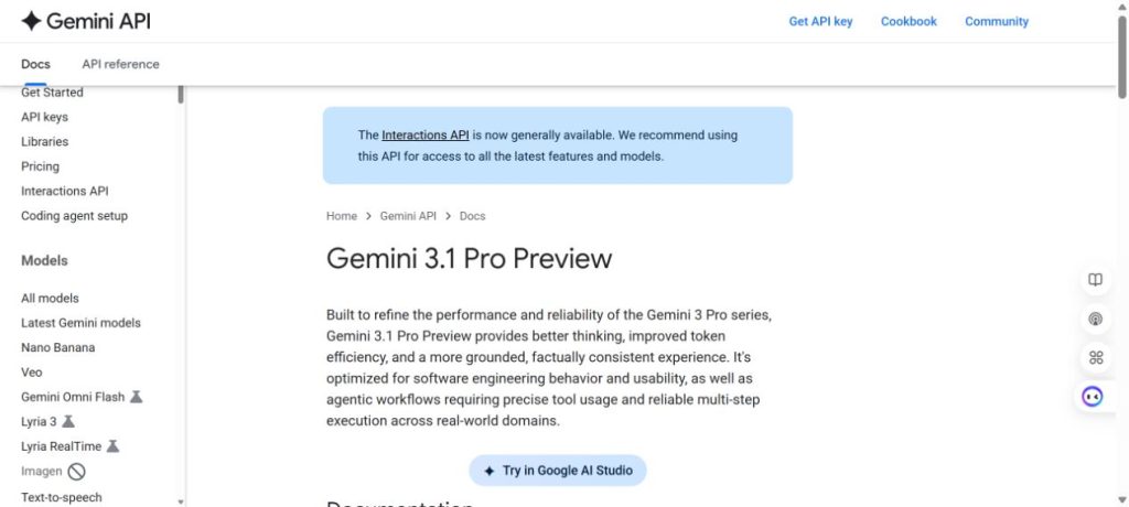 Gemini API model page showing gemini-3.1-pro-preview as a preview model.