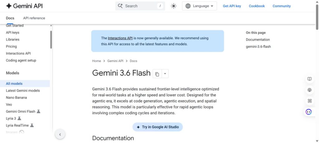 Gemini API model page showing gemini-3.6-flash as a stable model with a 1M input context window.