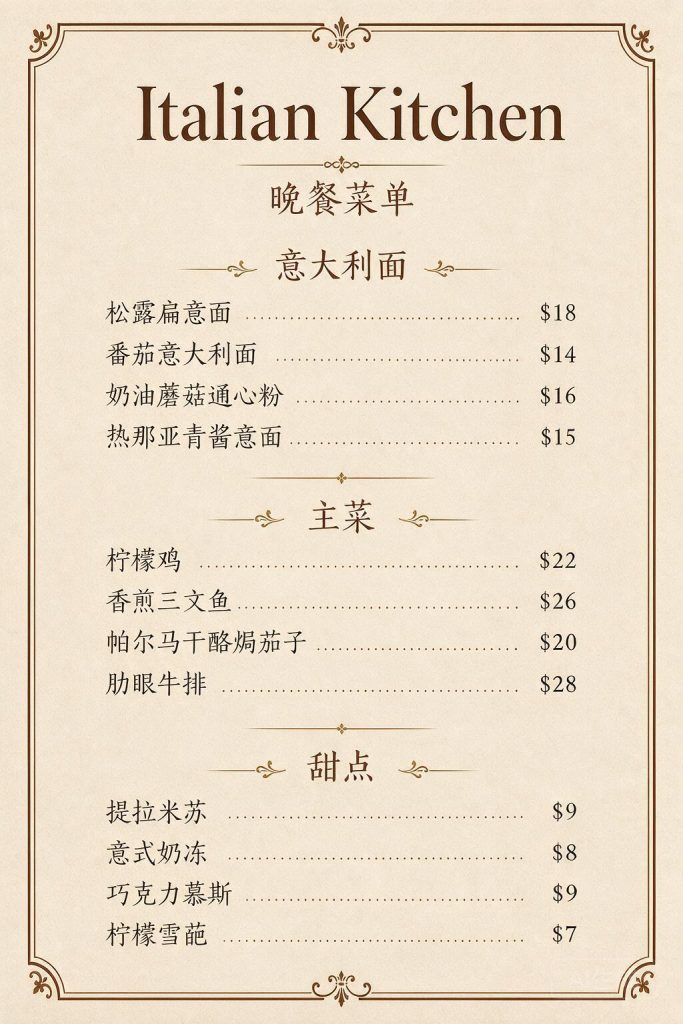 Seedream Simplified Chinese translation of a 12-item Italian restaurant menu
