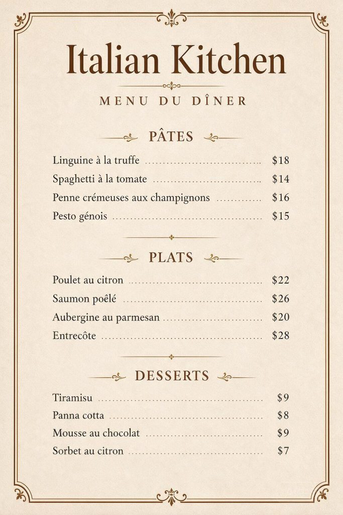 Seedream French translation of a 12-item Italian restaurant menu
