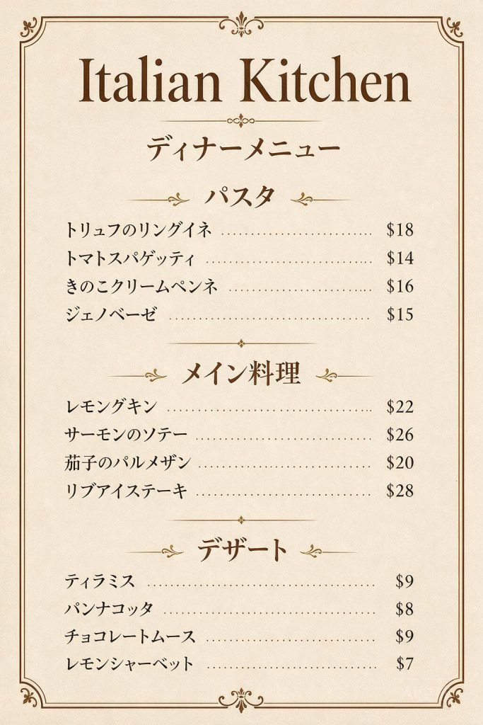 Seedream Japanese translation of a 12-item Italian restaurant menu
