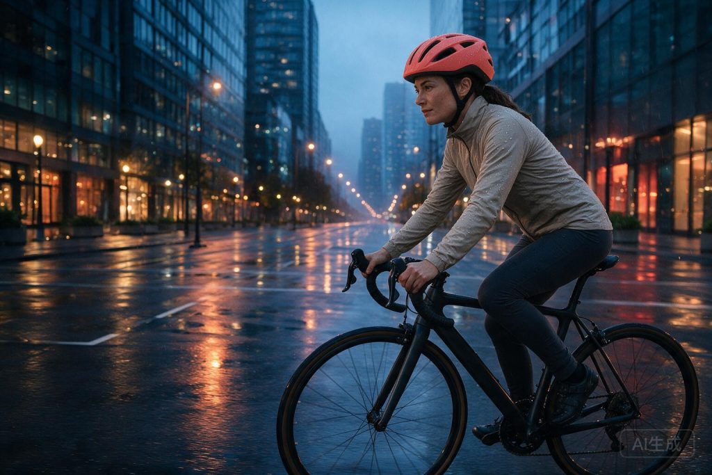 Seedream 5.0 Pro fusion of a cyclist, coral helmet, and rainy city street