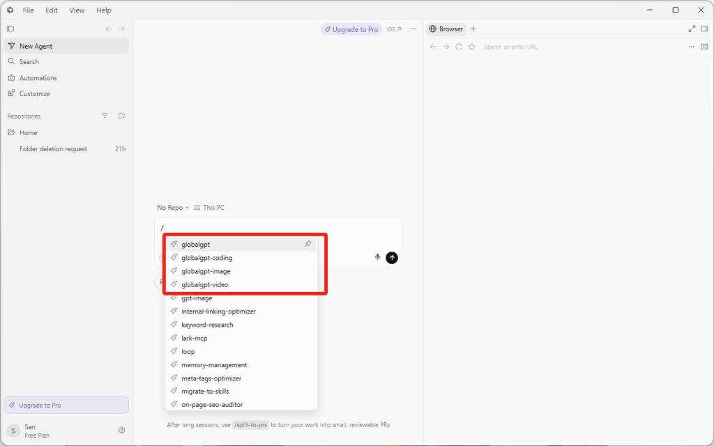 Cursor agent command menu showing globalgpt, globalgpt-coding, globalgpt-image, and globalgpt-video skills