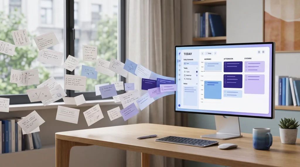 FlowNote hero image showing scattered notes converging into an organized digital daily planner