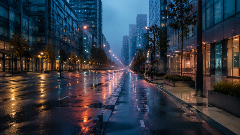 rainy city street environment reference for a Seedream multi-image fusion test