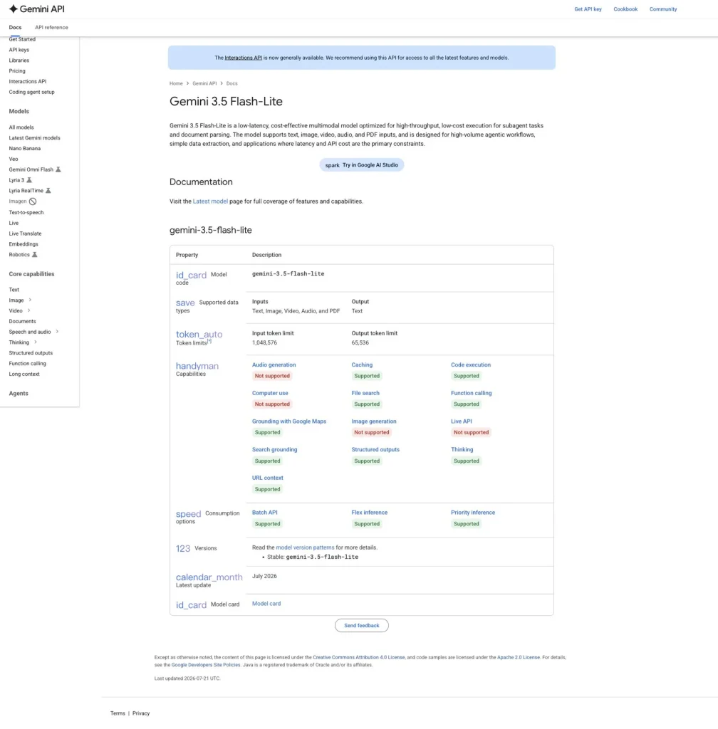 The official model reference lists multimodal inputs, text output and a 1,048,576-token input limit.