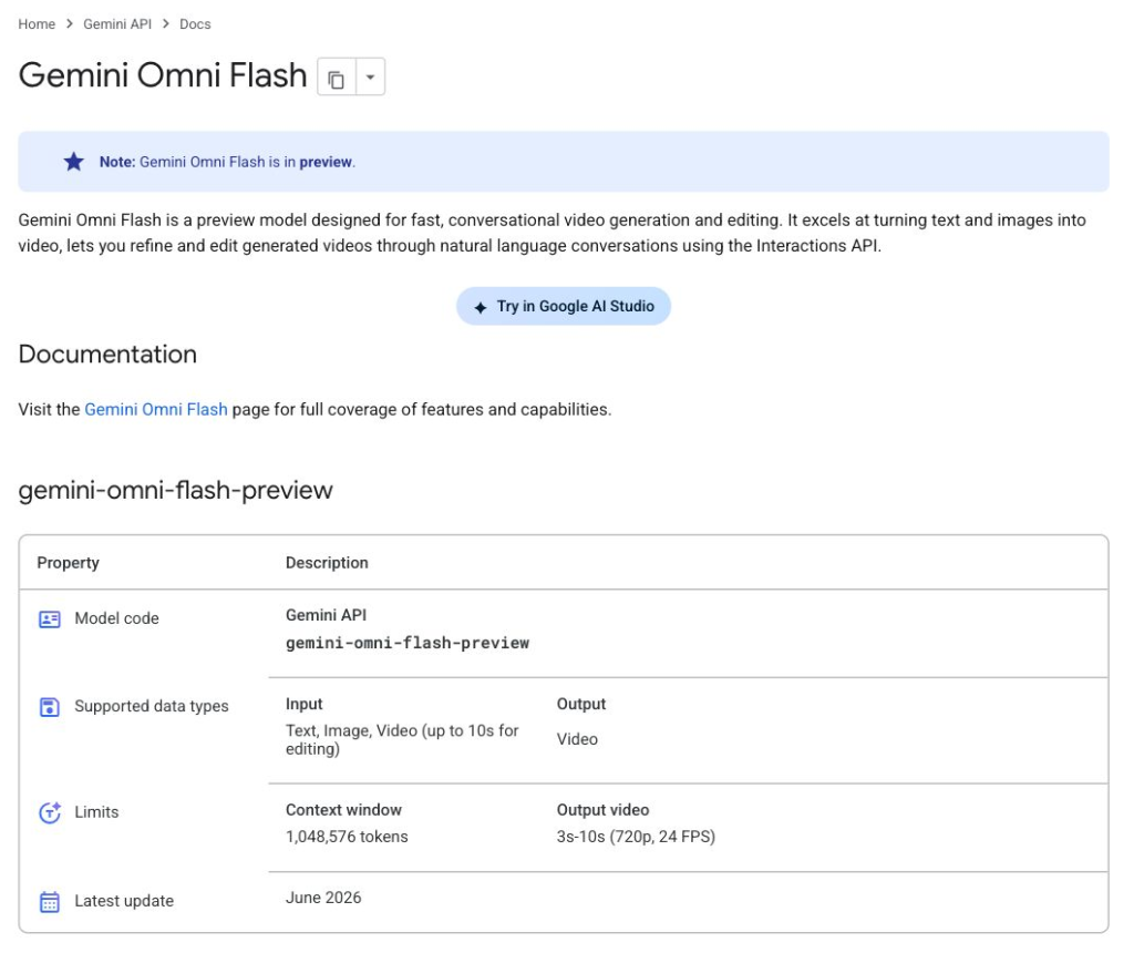 Google lists Gemini Omni Flash as a preview model with 3-10 second, 720p, 24 FPS output.